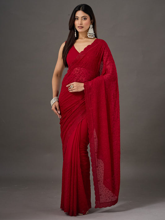 Deep Red Sequin & Thread Embroidery Georgette Saree