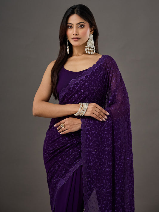 Purple Georgette Embroidered Saree