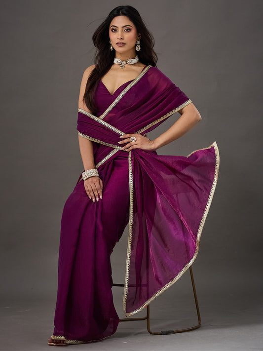 Wine Gold Lace Border Georgette saree