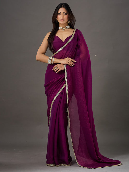 Wine Gold Lace Border Georgette saree