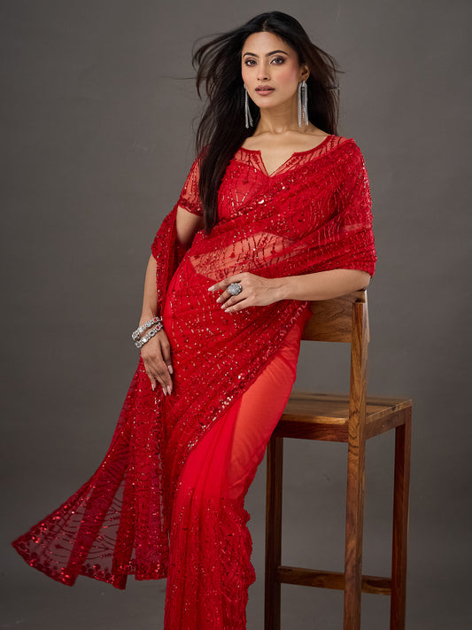 Red Sequins Embellished Net Saree