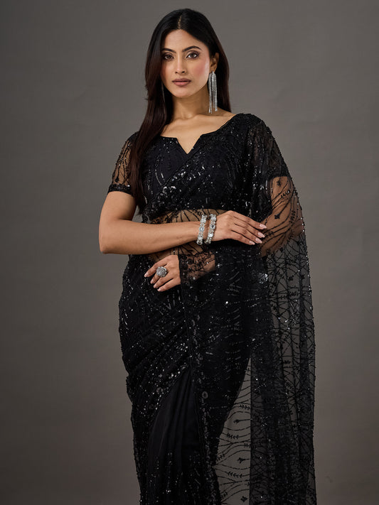 Black Sequins Embellished Net Saree