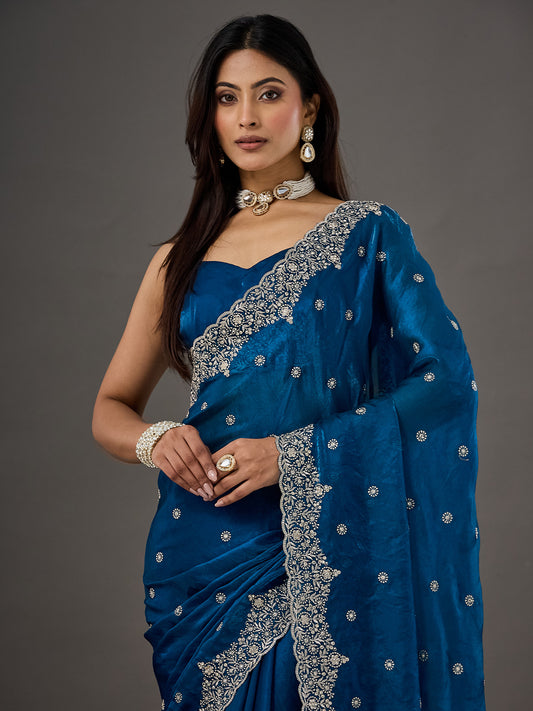 Teal Blue Sequins & Cutdana Embroidered Satin Saree