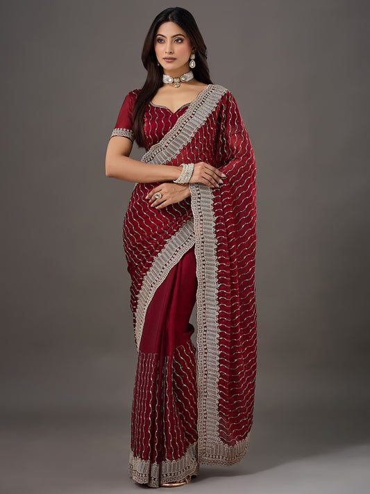 Maroon Sequins & Zarkan Embroidered Chiffon Saree