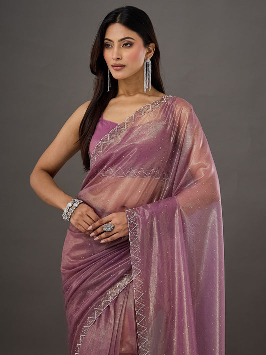 Dusty Mauve Mukaish & Chevron Border Embellished Net Saree