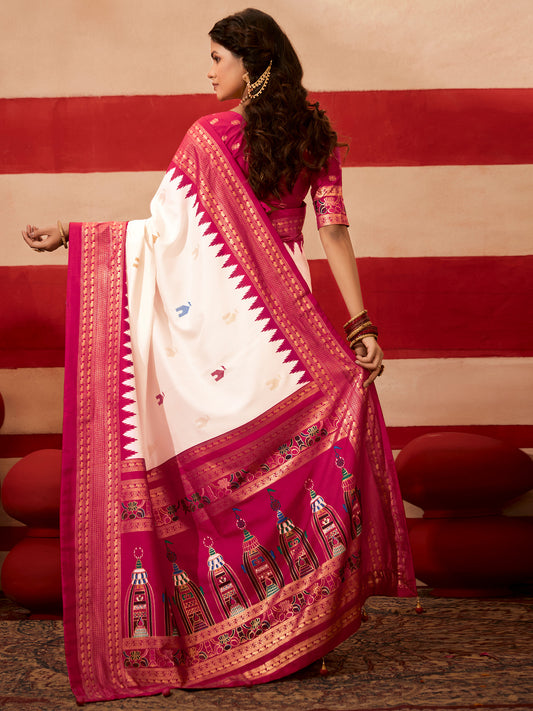 White & Pink Baluchari Silk Saree with Temple Border