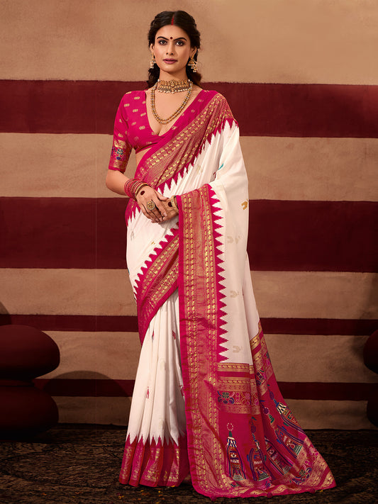 White & Pink Baluchari Silk Saree with Temple Border