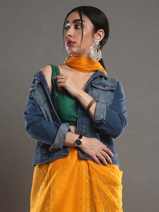 Yellow Chiffon Mukaish Printed Saree