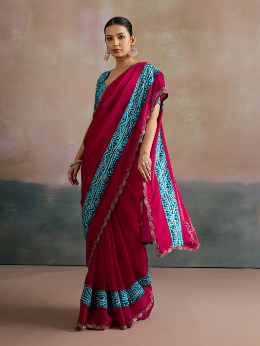 Pink Polyester Resham Embroidery Scalloped Border Saree