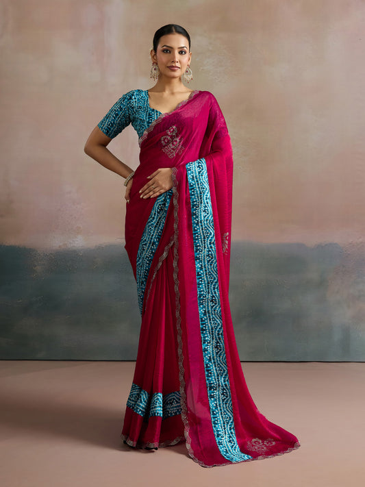 Pink Polyester Resham Embroidery Scalloped Border Saree