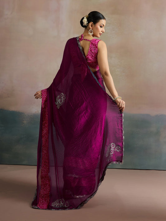 Violet Polyester Heritage Bandhani Style Saree