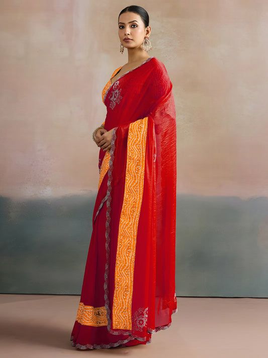 Red Pure Chiffon Bandhani Saree