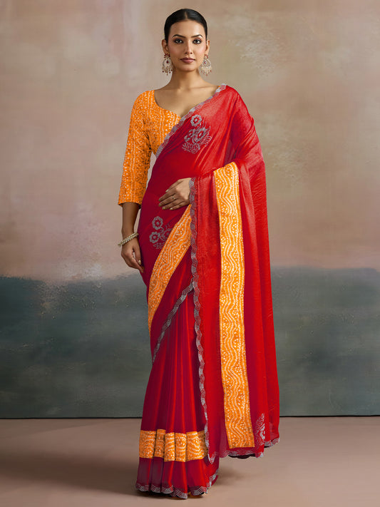 Red Pure Chiffon Bandhani Saree