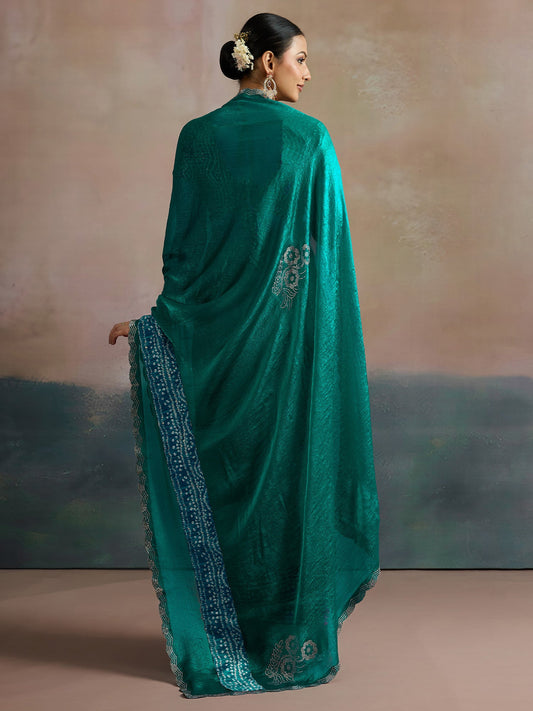 Teal Embroidered Bandhani Silk Saree