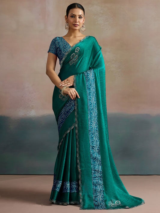 Teal Embroidered Bandhani Silk Saree