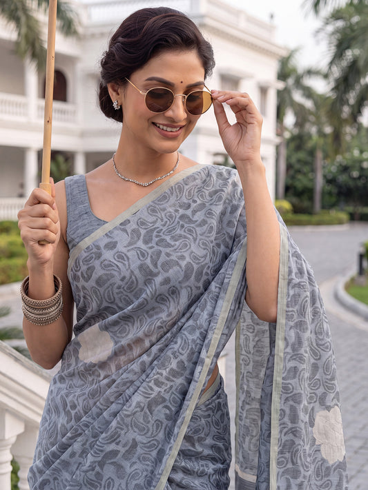 Grey Floral Woven Cotton Saree