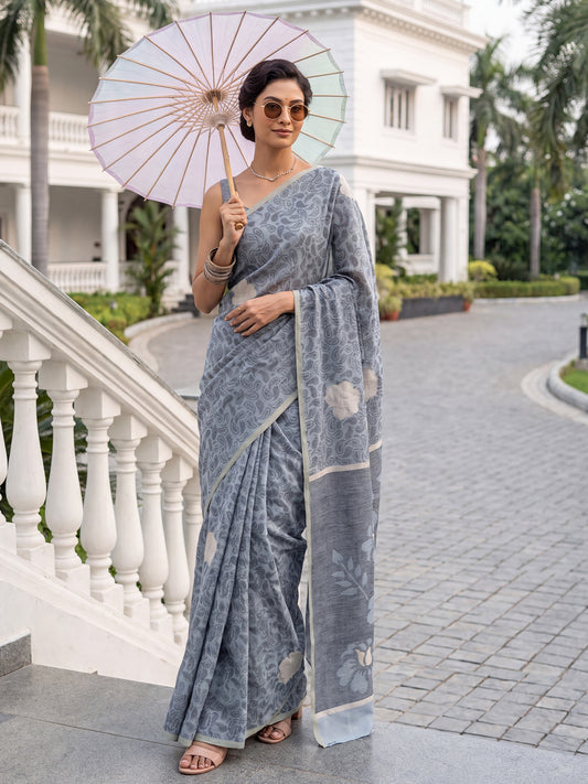 Grey Floral Woven Cotton Saree