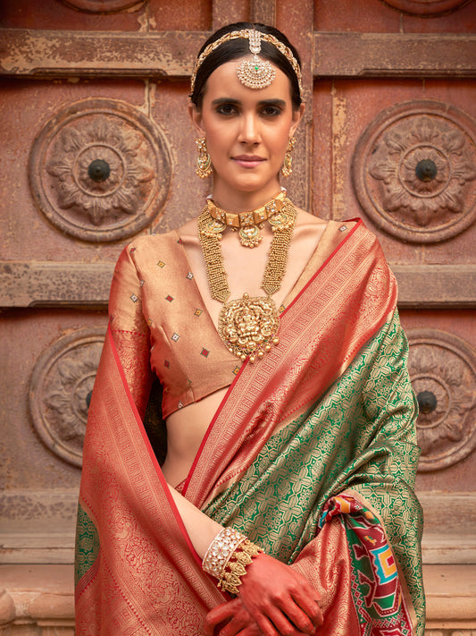 Green & Maroon Silk Blend Heritage Patola Style Saree