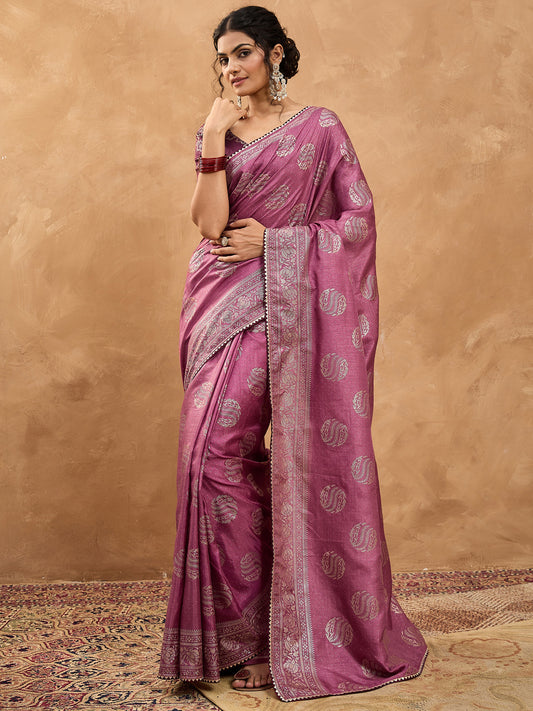 Dola Silk Mauve Foil Print Saree