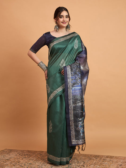 Deep Green Digital Mural Print Silk Blend Saree