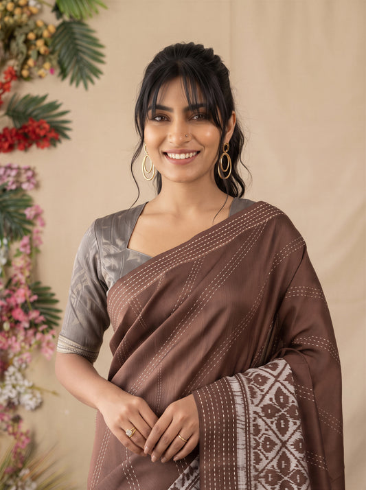 Oormila Brown Ikat Silk Cotton Saree with Embroidered Border & Grey Blouse Piece