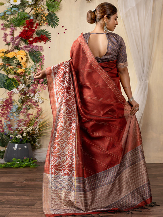 Maroon Silk Blend Heritage Patola Style Saree