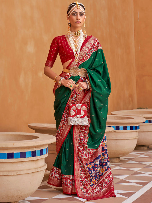 Red & Green Patola Silk Saree with Bandhani Blouse