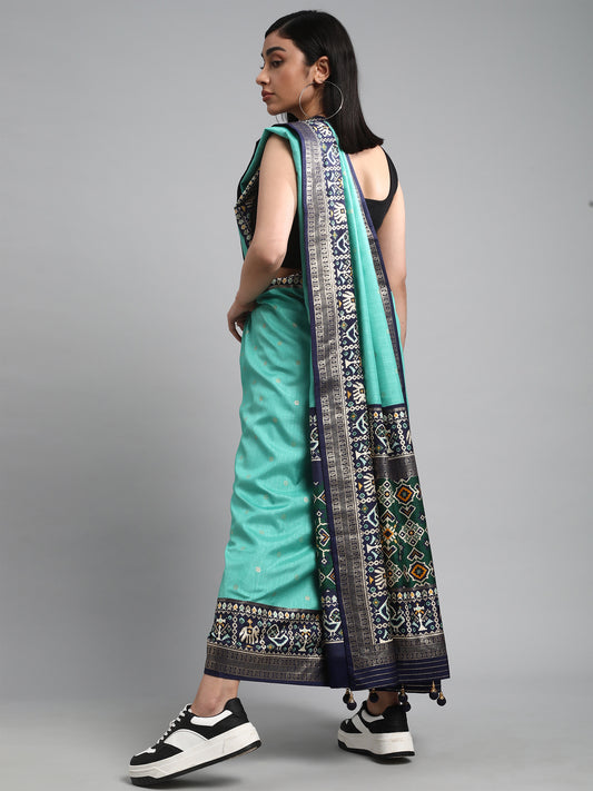 Sea Green and Black Silk Blend Saree