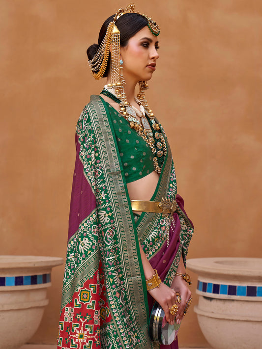 Silk Blend Patola Inspired Print Zari Border Saree