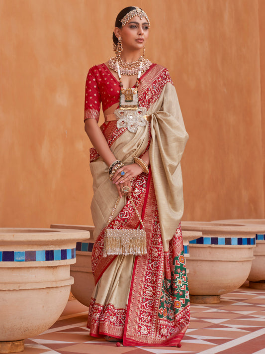 Beige & Red Patola Silk Saree with Blouse