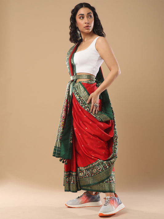 Red Silk Saree with Green Patola Border
