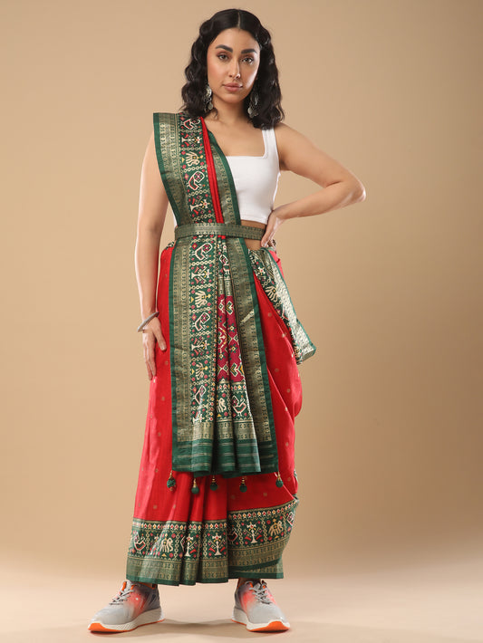 Red Silk Saree with Green Patola Border