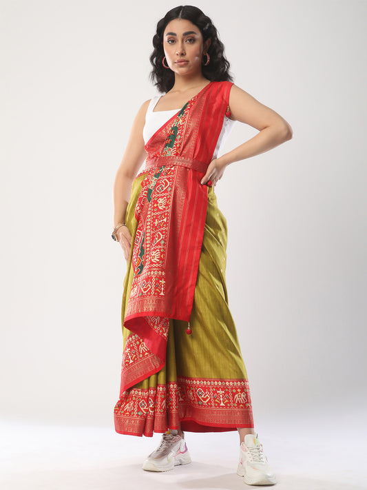 Silk Blend  Patola Print Border Red Pallu with Red Blouse Saree