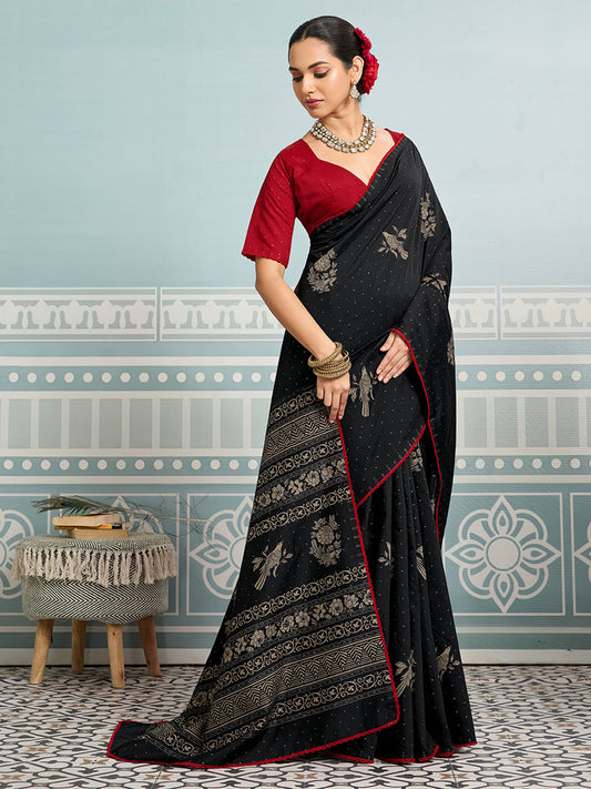 Black Silk Saree with Floral Print & Mukaish Dot Work