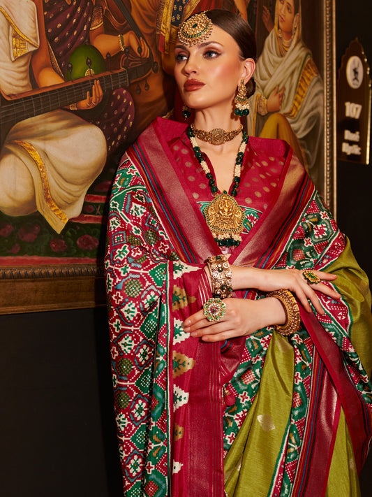 Mehendi Green & Maroon Silk Blend Patola Print Zari Woven Border saree