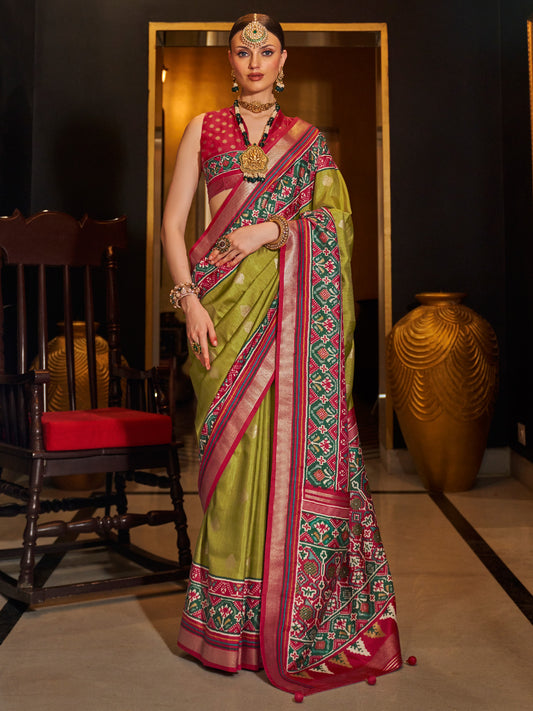 Mehendi Green & Maroon Silk Blend Patola Print Zari Woven Border saree