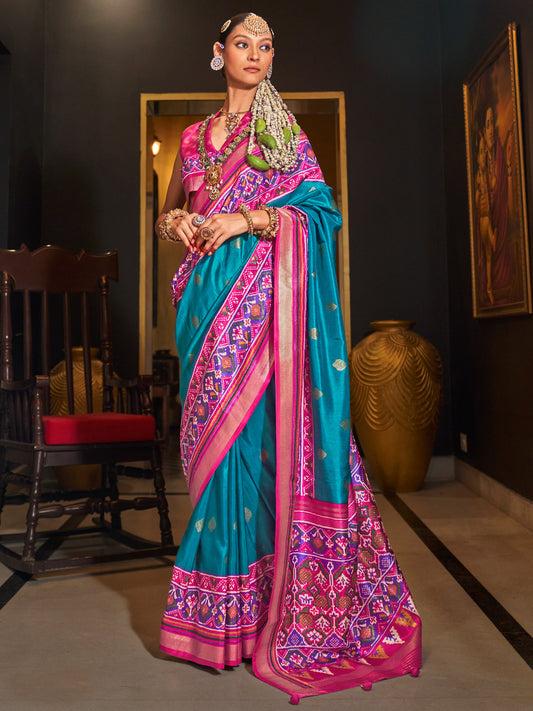 Teal Blue & Pink Patola Style Silk Blend Zari Woven saree