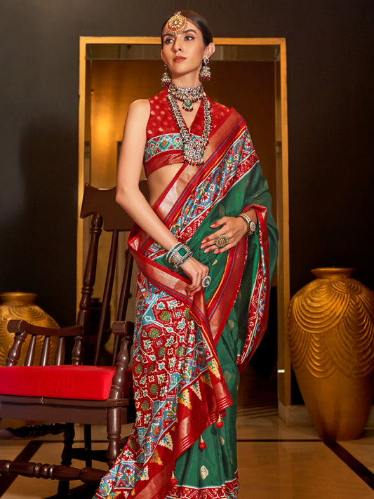 Patola Silk Saree in Bottle Green & Red with Patola Border