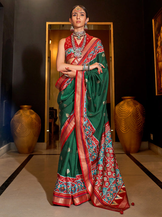 Patola Silk Saree in Bottle Green & Red with Patola Border