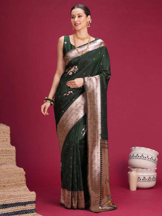Bottle Green Paithani Silk Saree with Meenakari Pallu