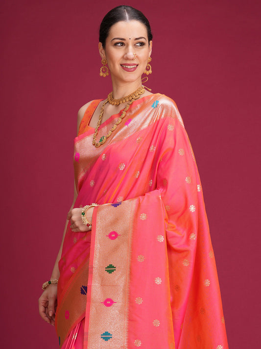 Pink Paithani Silk Saree with Meenakari Buti & Floral Pallu