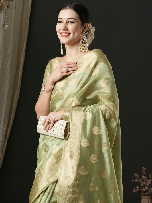 Pistachio Green Banarasi Tissue Silk Saree