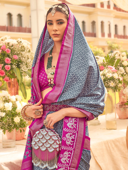 Grey & Magenta Silk Blend Heritage Banarasi Style Saree
