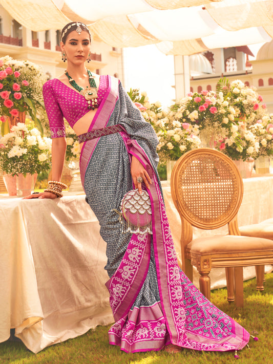 Grey & Magenta Silk Blend Heritage Banarasi Style Saree