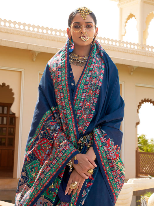 Navy Blue Patola Elephant & Floral Motif Silk Blend Saree