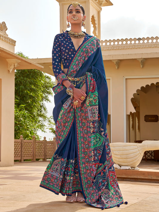 Navy Blue Patola Elephant & Floral Motif Silk Blend Saree