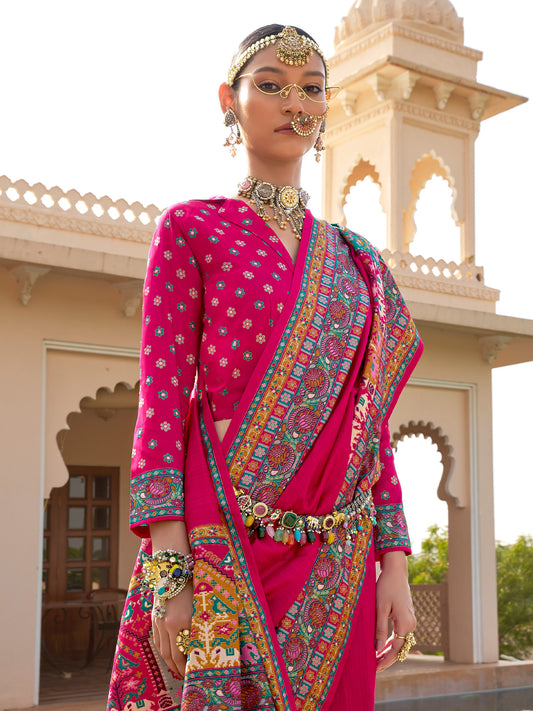 Rani Pink Patola Elephant & Floral Motif Silk Blend Saree