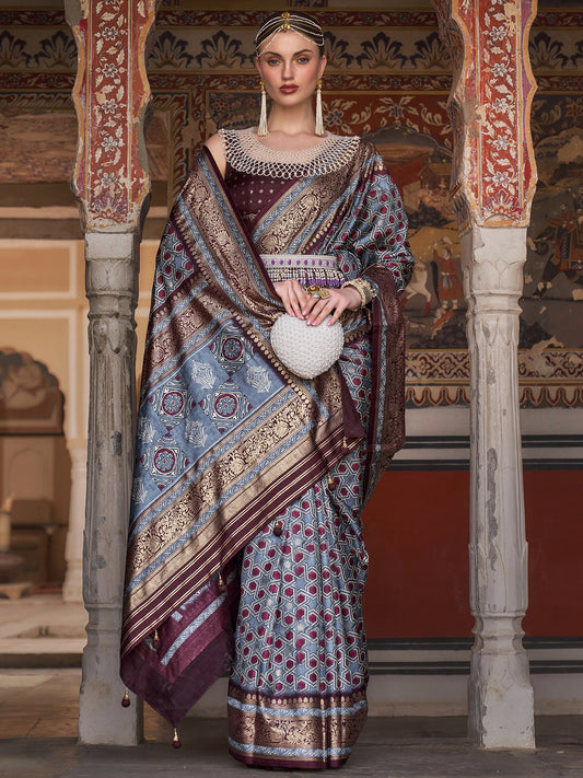 Grey & Maroon Patola Style Silk Blend Saree
