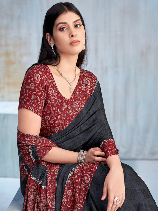 Charcoal Black Self-Weave Jacquard Silk Saree with Broad Crimson Red All-Over Gold Paisley & Floral Vine Printed Border, Silver Sequin Lace Trim & Matching Crimson Printed Blouse
