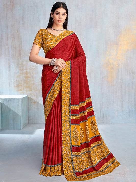 Deep Crimson Red Self-Weave Jacquard Silk Saree with Broad Mustard Yellow All-Over Kalamkari Floral Vine Printed Border, Black & Silver Geometric Lace Trim & Matching Mustard Kalamkari Printed Blouse